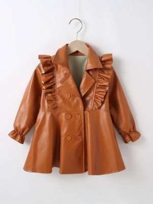 Photo of Toddler Girl Ruffle Trim Double Breasted PU Trench Coat (2110-0220a)