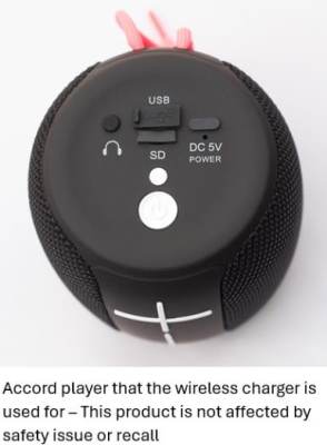 Photo of Fantasy Wireless charging pad supplied with a Royal National Institute of Blind People (RNIB) branded accord player