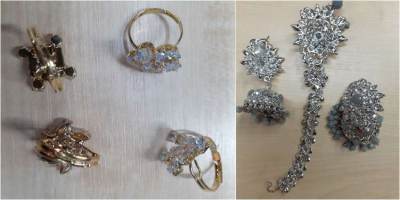 Photo of Rangoli Gold Coloured Rings, Silver Coloured Earrings and Silver Necklace
